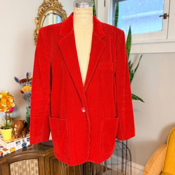 Liz Sport Vintage 80s Red Wide wale Corduroy Blazer Jacket Women Size L - Picture 2 of 9